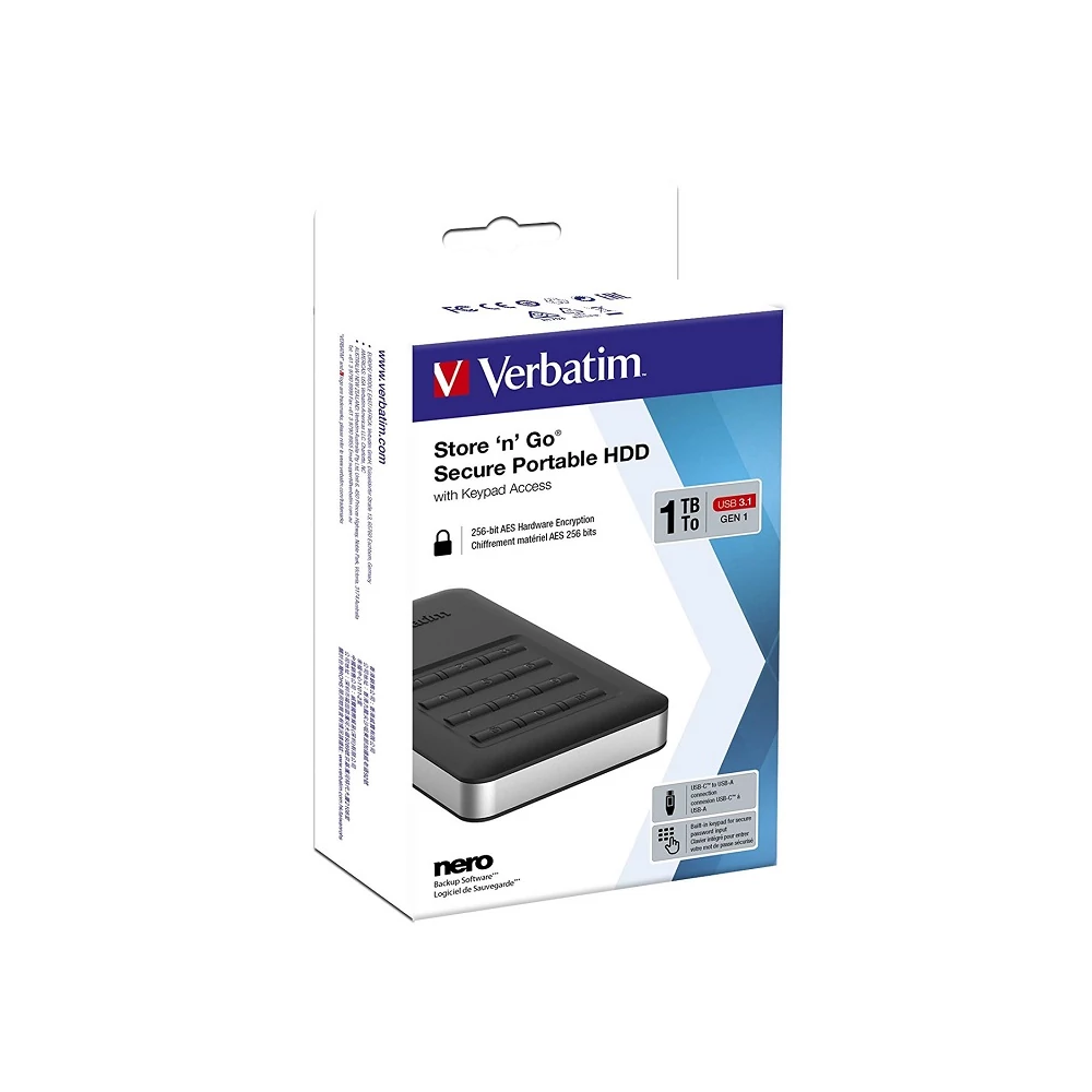 VERBATIM STORE N GO SECURE 2,5 COL USB 3.1 TYPE-C KÓDZÁRAS KÜLSŐ MEREVLEMEZ 1TB