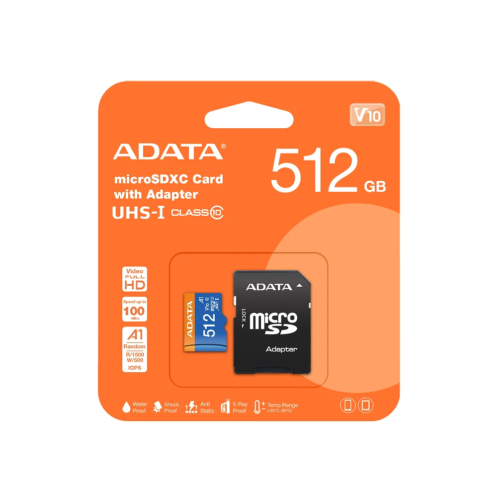 ADATA MICRO SDXC 512GB + ADAPTER CLASS 10 UHS-I U1 A1 V10 (100 MB/s OLVASÁSI SEBESSÉG)