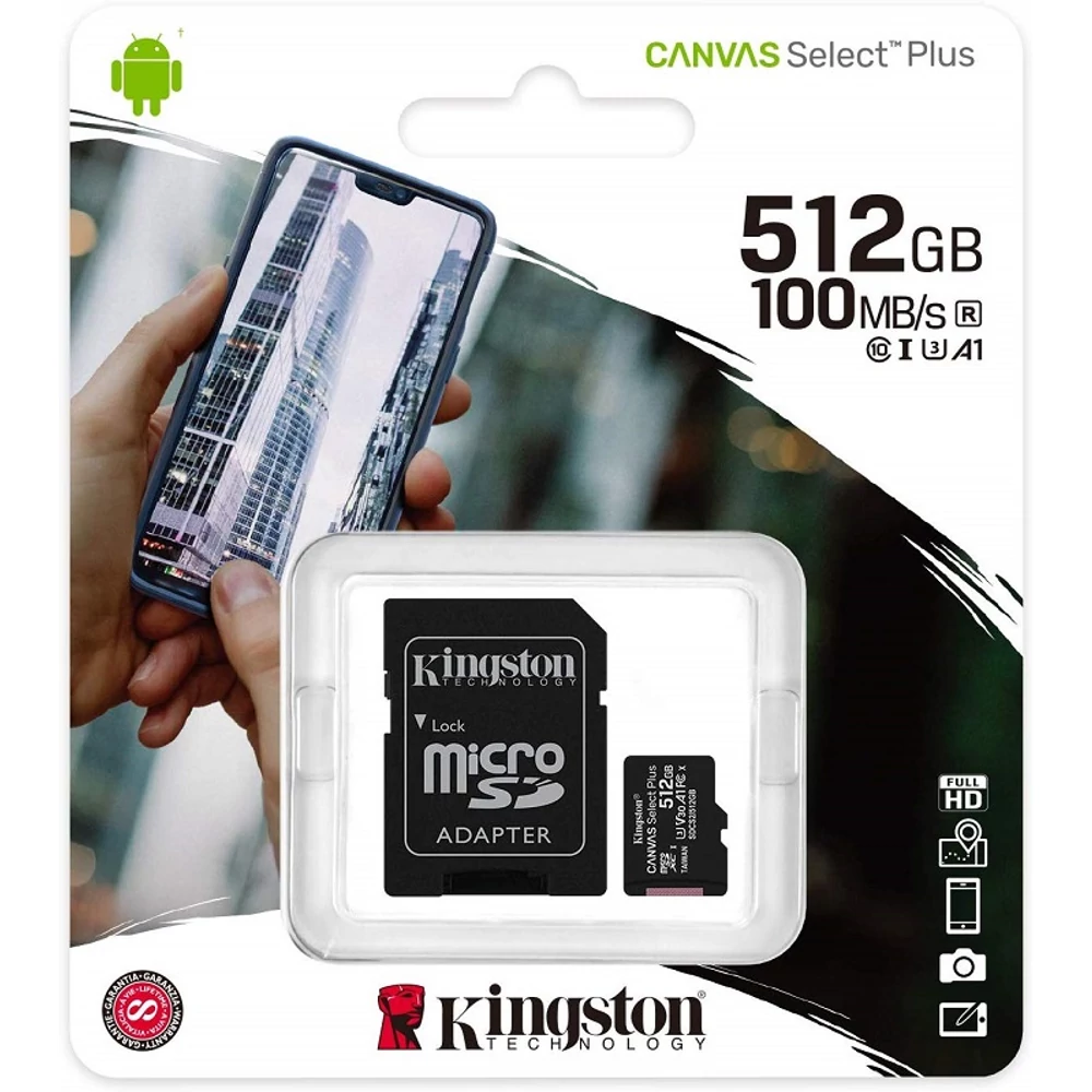 KINGSTON CANVAS SELECT PLUS MICRO SDXC 512GB + ADAPTER CLASS 10 UHS-I U3 A1 V30 (100/85 MB/s)