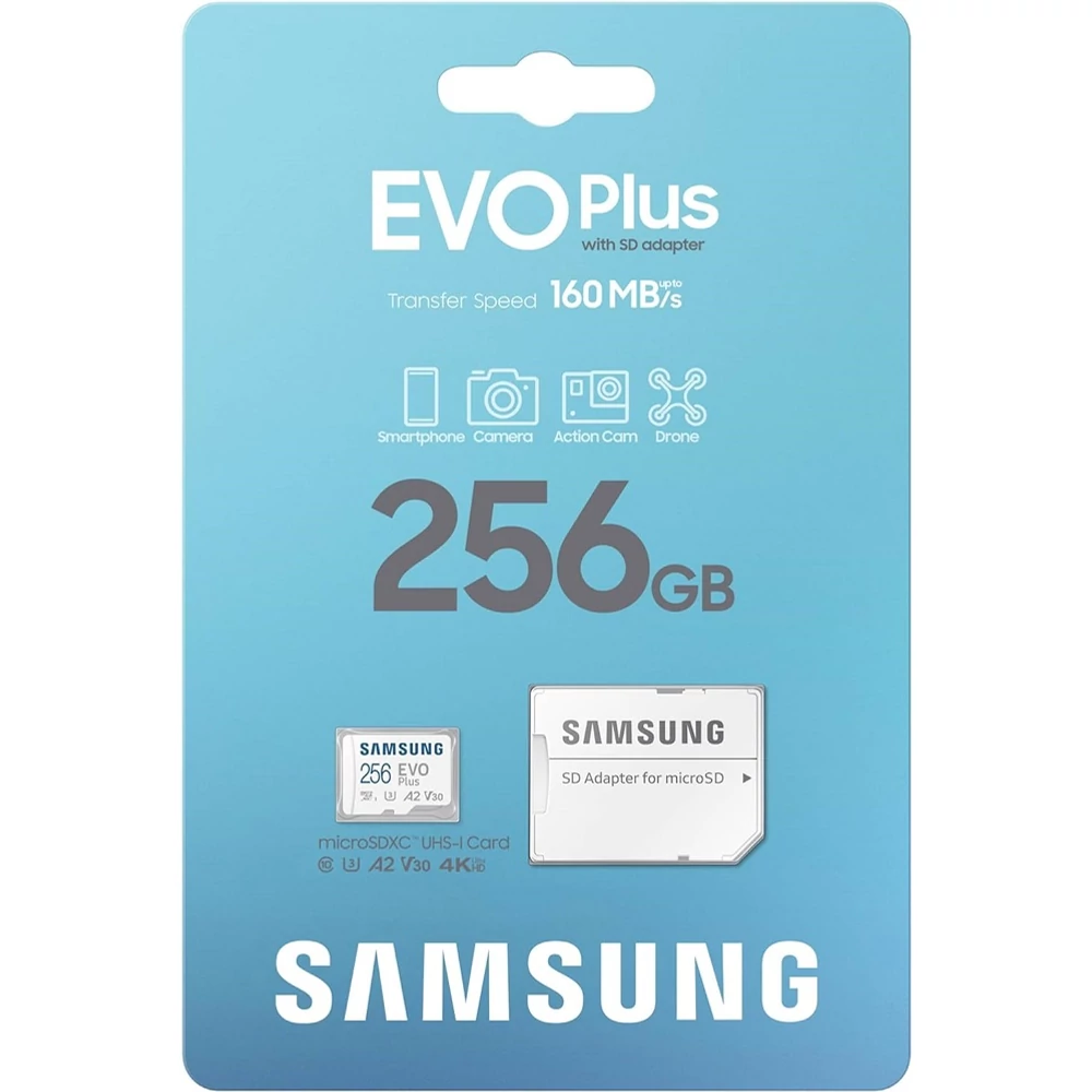 SAMSUNG EVO PLUS (2024) MICRO SDXC 256GB + ADAPTER CLASS 10 UHS-I U3 A2 V30 (160 MB/s ADATÁTVITELI SEBESSÉG)