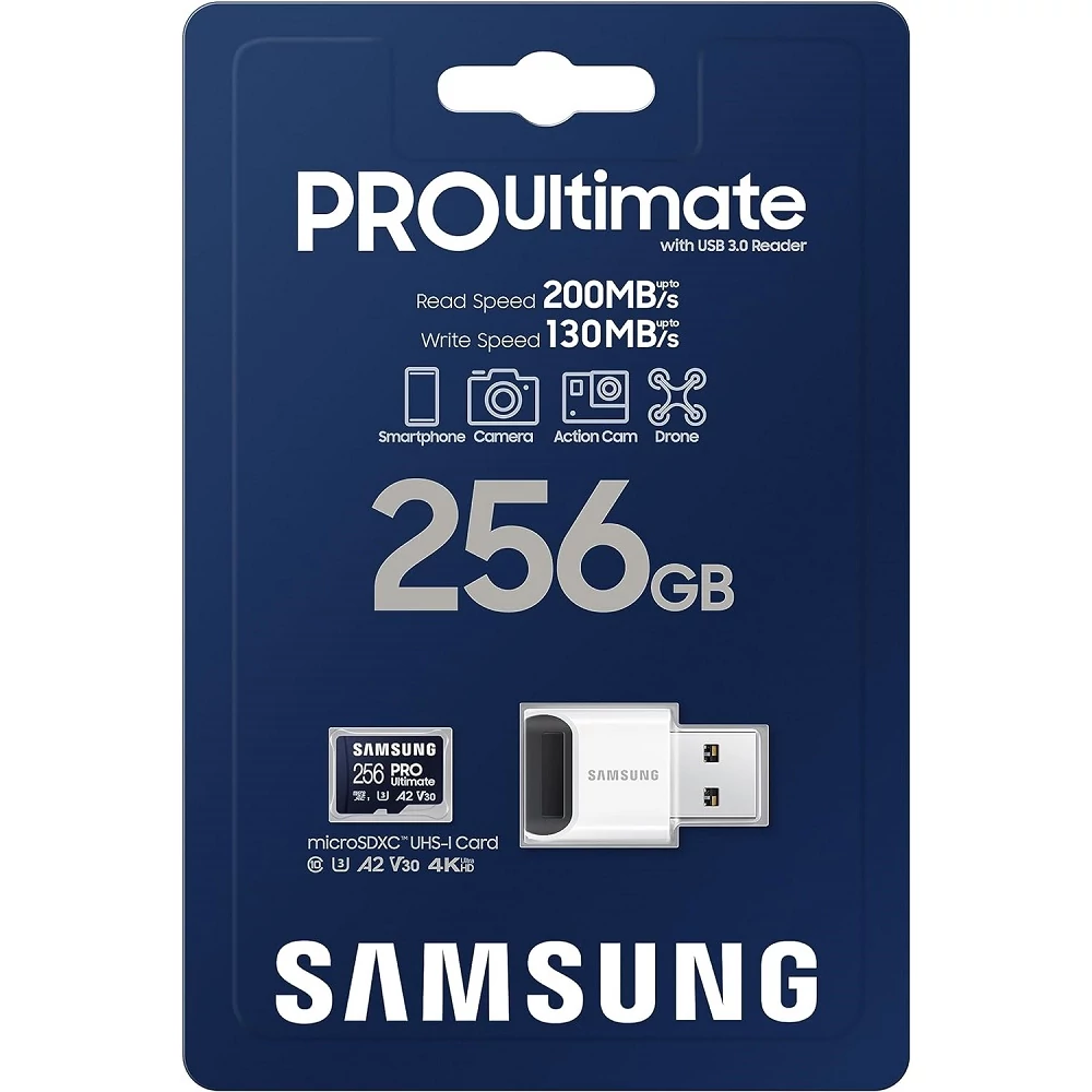 SAMSUNG PRO ULTIMATE (2023) MICRO SDXC 256GB CLASS 10 UHS-I U3 A2 V30 200/130 MB/s + USB 3.0 MEMÓRIAKÁRTYA OLVASÓ