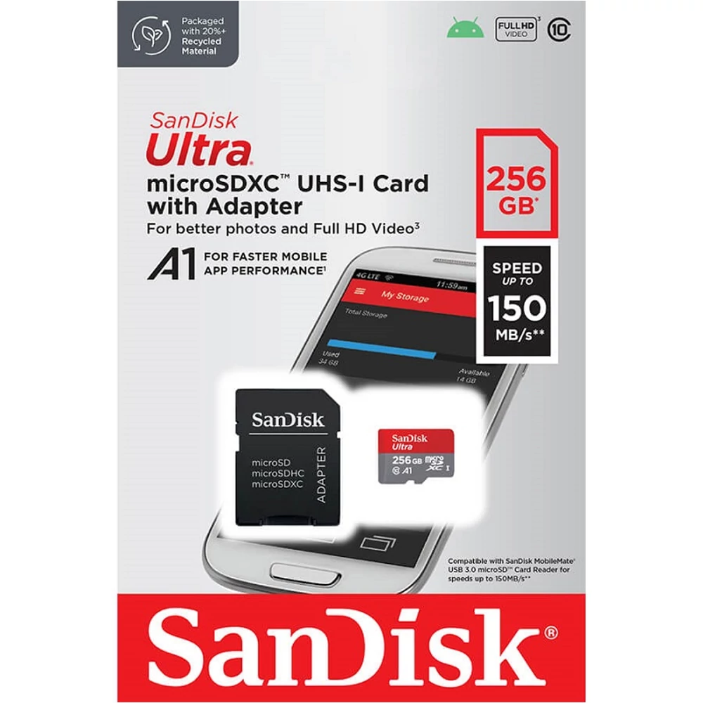 SANDISK ULTRA MICRO SDXC 256GB + ADAPTER CLASS 10 UHS-I U1 A1 150 MB/s