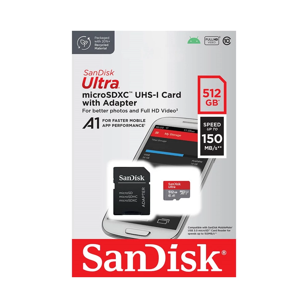 SANDISK ULTRA MICRO SDXC 512GB + ADAPTER CLASS 10 UHS-I U1 A1 150 MB/s