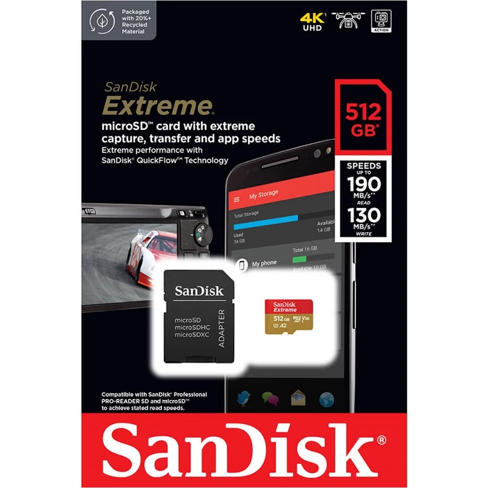 SANDISK EXTREME MOBILE MICRO SDXC 512GB + ADAPTER CLASS 10 UHS-I U3 A2 V30 190/130 MB/s
