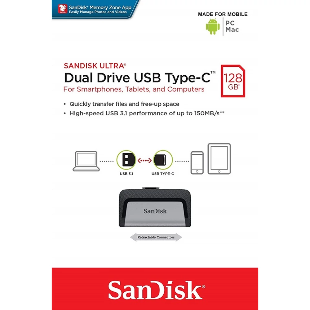 SANDISK ULTRA DUAL DRIVE USB 3.1 TYPE-C/USB 3.1 OTG PENDRIVE 128GB