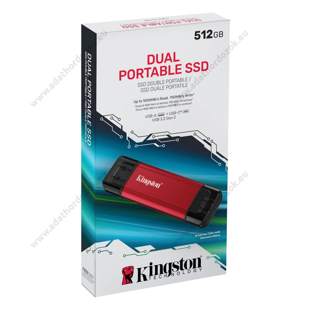 KINGSTON DUAL PORTABLE USB 3.2 GEN 2 (10Gbps) USB-A/USB-C FÉMHÁZAS SSD MEGHAJTÓ 512GB PIROS