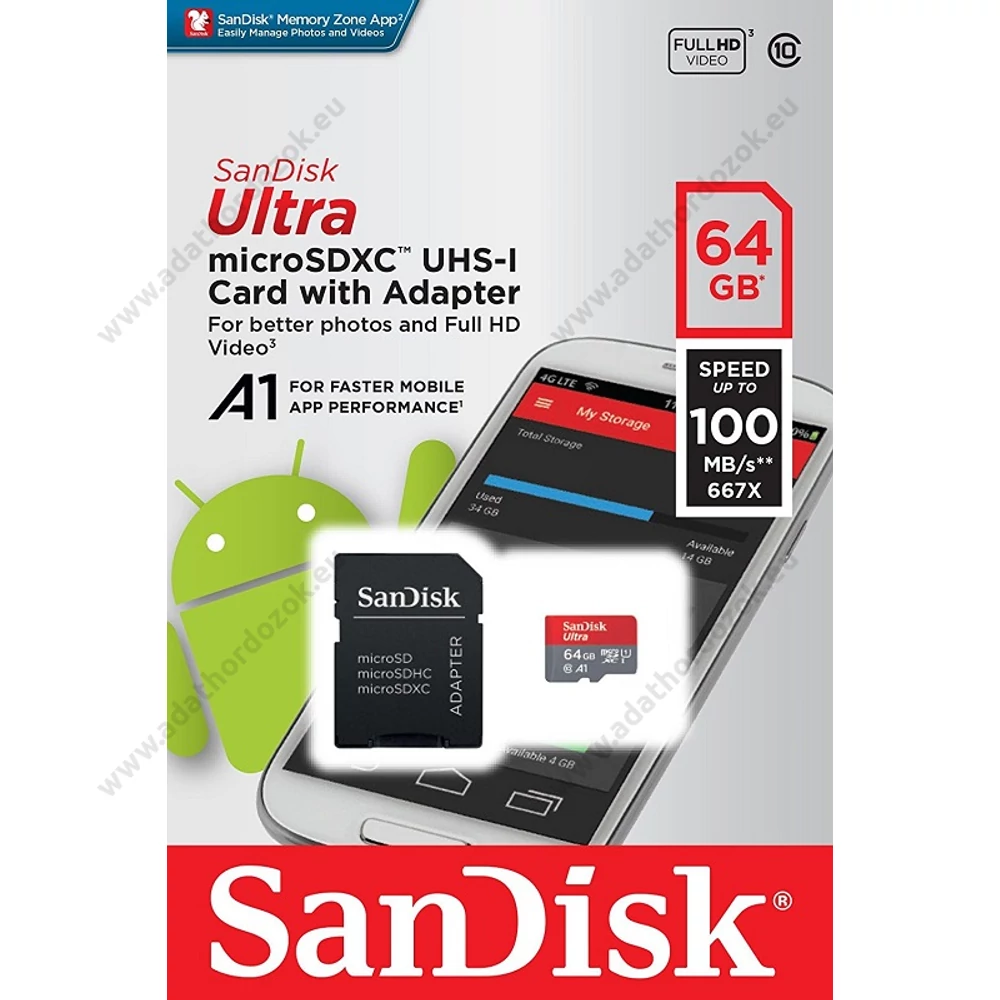 SANDISK ULTRA MICRO SDXC 64GB + ADAPTER CLASS 10 UHS-I U1 A1 ANDROID 100 MB/s