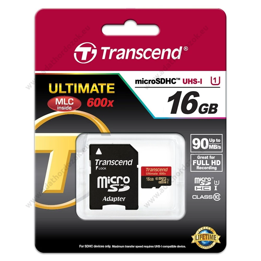 TRANSCEND ULTIMATE 600X MICRO SDHC 16GB + ADAPTER CLASS 10 UHS-I (90 MB/S OLVASÁSI SEBESSÉG)