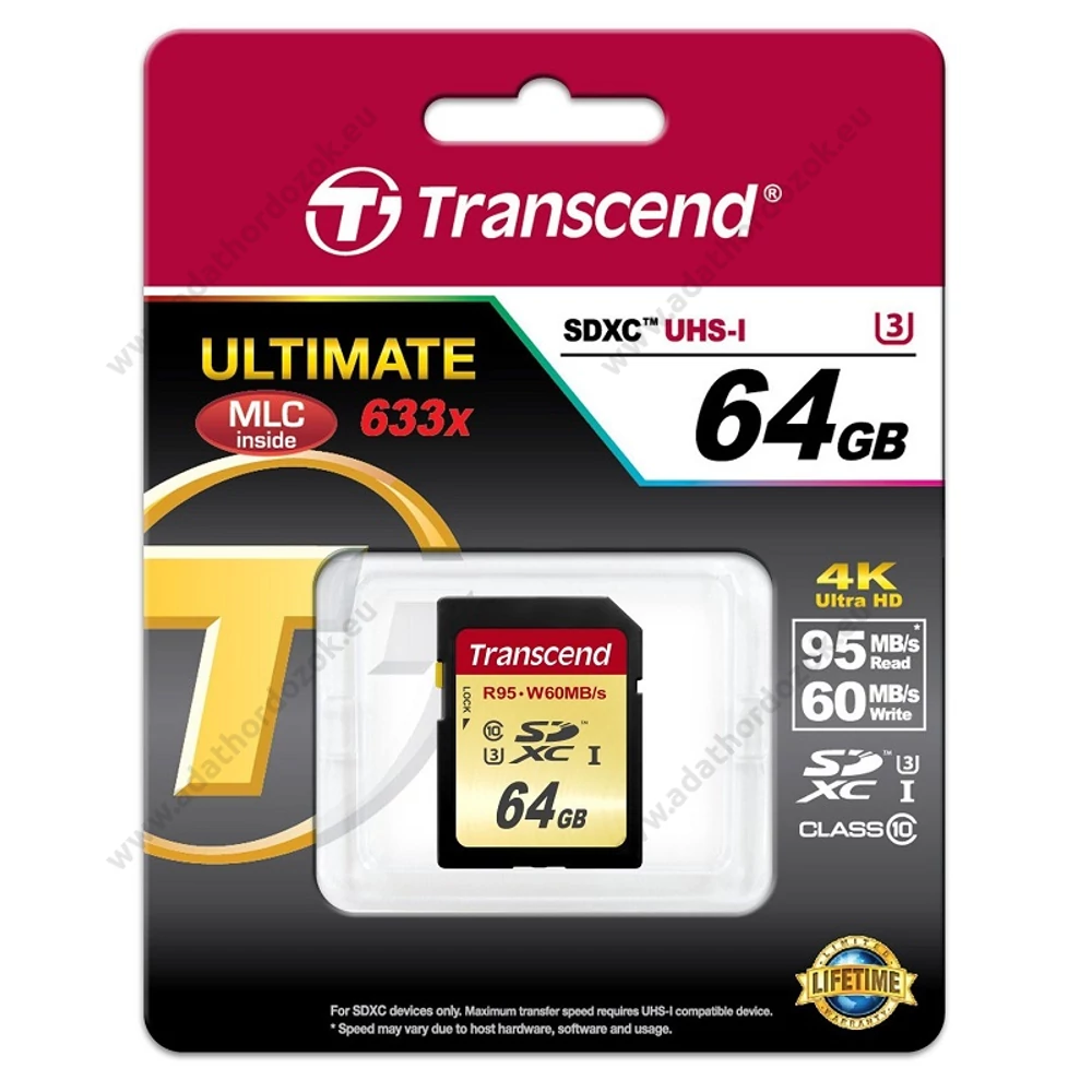 TRANSCEND ULTIMATE 633X SDXC 64GB CLASS 10 UHS-I U3 (95 MB/s OLVASÁSI - 60 MB/s ÍRÁSI SEBESSÉG)