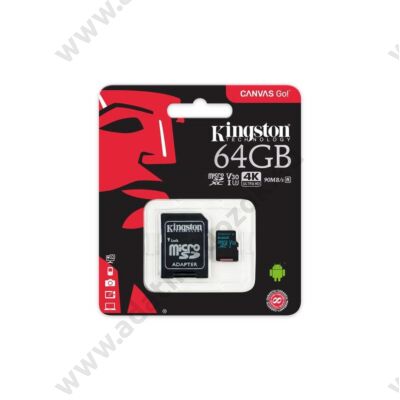 KINGSTON CANVAS GO MICRO SDXC 64GB + ADAPTER CLASS 10 UHS-I U3 V30 (90 MB/s OLVASÁSI - 45 MB/s ÍRÁSI SEBESSÉG)