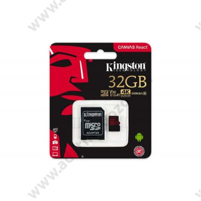 KINGSTON CANVAS REACT MICRO SDHC 32GB + ADAPTER CLASS 10 UHS-I U3 A1 V30 (100 MB/s OLVASÁSI - 80 MB/s ÍRÁSI SEBESSÉG)