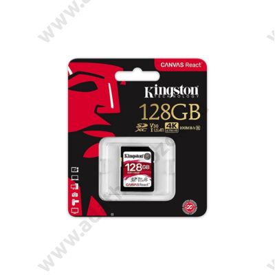 KINGSTON CANVAS REACT SDXC 128GB CLASS 10 UHS-I U3 A1 V30 (100 MB/s OLVASÁSI - 80 MB/s ÍRÁSI SEBESSÉG)