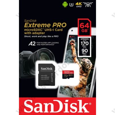 SANDISK EXTREME PRO MICRO SDXC 64GB + ADAPTER CLASS 10 UHS-I U3 A2 V30 170/90 MB/s